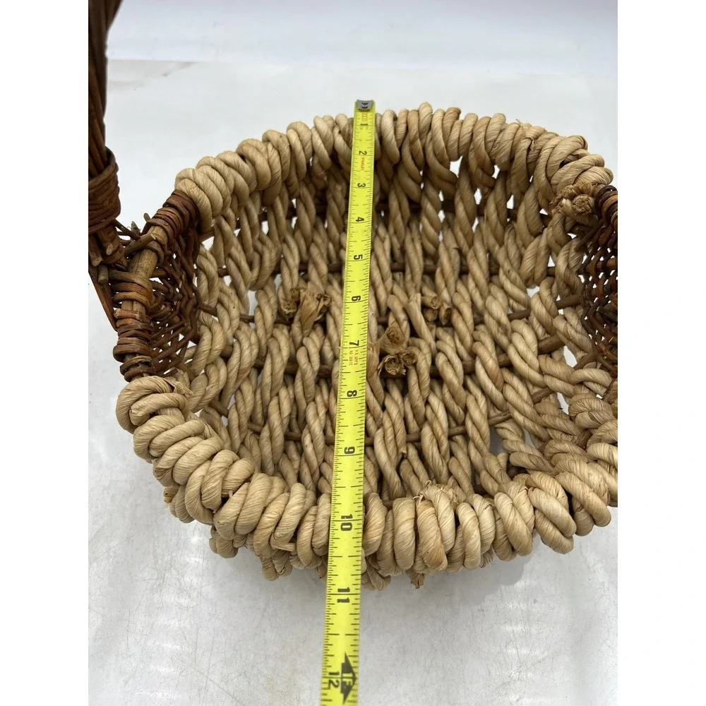 Rustic Woven Wicker and Rope Basket with Handle Natural Fiber Farmhouse Decor